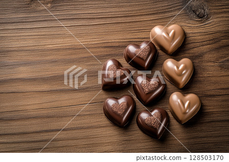 A close-up of various heart-shaped chocolates, including dark, milk, and white, with different toppings, arranged on a rustic wooden surface. 128503170
