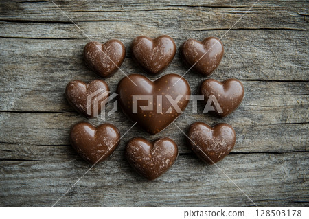 A close-up of various heart-shaped chocolates, including dark, milk, and white, with different toppings, arranged on a rustic wooden surface. 128503178