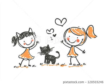 A cheerful stick-figure drawing shows three children, two girls and one boy, playing happily with a black cat, under a shining yellow sun on a white background. A cheerful stick-figure drawing shows three children, two girls and one boy, playing happily with a black cat, under a shining yellow sun on a white background. 128503246