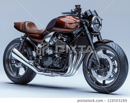 A sleek, modern naked naked bike with a glossy fuel tank, and leather seat, presented in a studio setting. 128503289