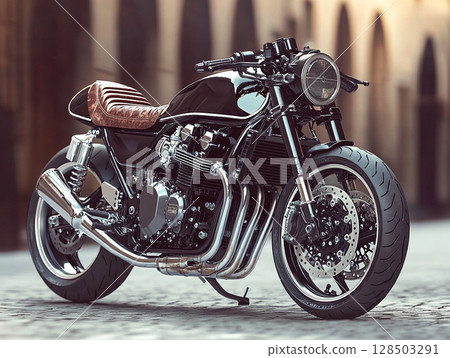 A sleek, modern naked naked bike with a glossy fuel tank, and leather seat, presented in a studio setting. 128503291