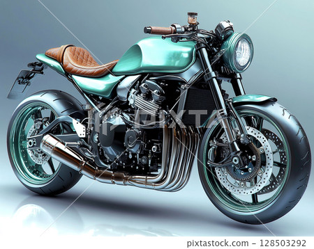 A sleek, modern naked naked bike with a glossy fuel tank, and leather seat, presented in a studio setting. 128503292