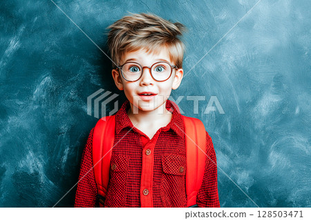 Happy schoolboy with backpack and glasses standing at chalkboard 128503471