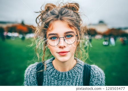 Portrait of teenage girl with curly hair and round glasses, standing on grass in park 128503477