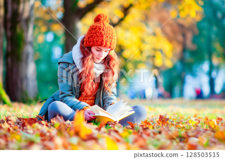 Smiling teenage girl with books in autumn park 128503515