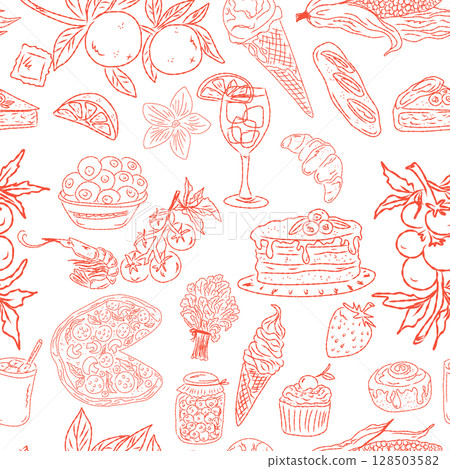 Seamless pattern of hand drawn summer food icons. Mediterranean dolce vita. Sketchy, whimsical style. 128503582