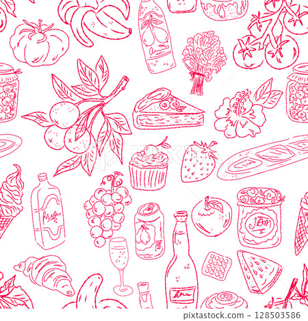 Seamless pattern of hand drawn summer food icons. Mediterranean dolce vita. Sketchy, whimsical style. 128503586