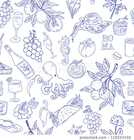 Seamless pattern of hand drawn summer food icons. Mediterranean dolce vita. Sketchy, whimsical style. 128503588