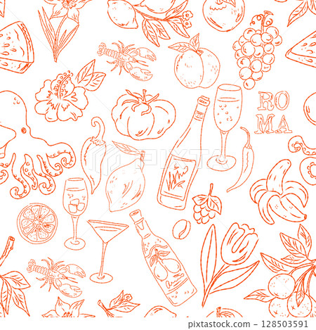 Seamless pattern of hand drawn summer food icons. Mediterranean dolce vita. Sketchy, whimsical style. Seamless pattern of hand drawn summer food icons. Mediterranean dolce vita. Sketchy, whimsical style. 128503591