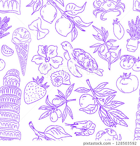 Seamless pattern of hand drawn summer food icons. Mediterranean dolce vita. Sketchy, whimsical style. 128503592