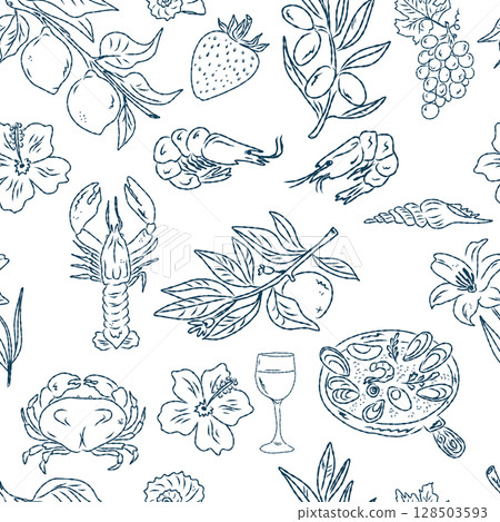 Seamless pattern of hand drawn summer food icons. Mediterranean dolce vita. Sketchy, whimsical style. 128503593