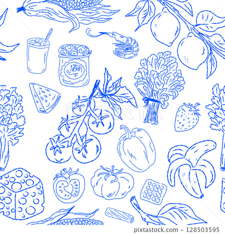 Seamless pattern of hand drawn summer food icons. Mediterranean dolce vita. Sketchy, whimsical style. 128503595