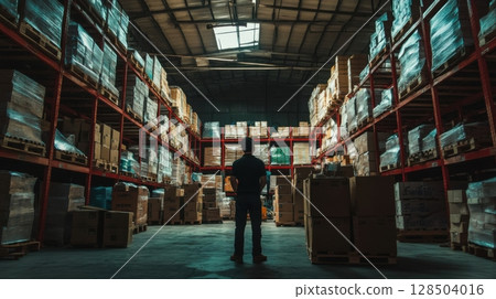 Man Standing in Large Warehouse with Many Cardboard Boxes on She 128504016