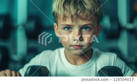 Boy Lifting Weights at the Gym 128504017