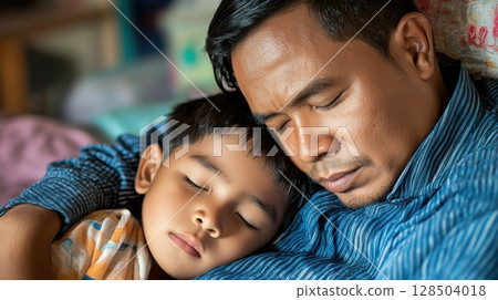 Father and Son Sleeping Peacefully Together 128504018