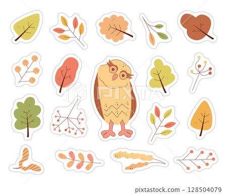 A set of stickers with a cute owl, branch, leaves and trees. Color flat vector illustration. A set of stickers with a cute owl, branch, leaves and trees. Color flat vector illustration. 128504079