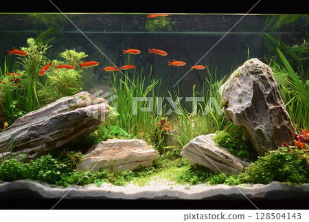由水生植物和岩石組成的舒緩水族館景觀 128504143