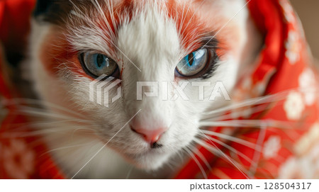 A cat dressed as a geisha, close-up shot, Japanese culture 128504317