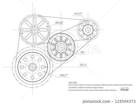 Engineering design of gears.Technical drawing background .Rotating mechanism of round parts . Vector illustration. Engineering design of gears.Technical drawing background .Rotating mechanism of round parts . Vector illustration. 128504373