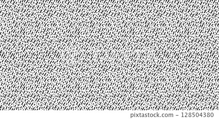 Seamless horizontal pattern of hand-drawn black ink dashes and dots on white background. Scribble texture with sketchy hatch and pen stroke effect. Drag to swatches panel to use. 128504380