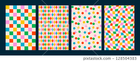 Colorful seamless pattern set with checkered, diamond, dot, and wavy checker designs. Retro confetti pattern background with bright abstract vector elements. Perfect for wrapping paper and fabric Colorful seamless pattern set with checkered, diamond, dot, and wavy checker designs. Retro confetti pattern background with bright abstract vector elements. Perfect for wrapping paper and fabric 128504383