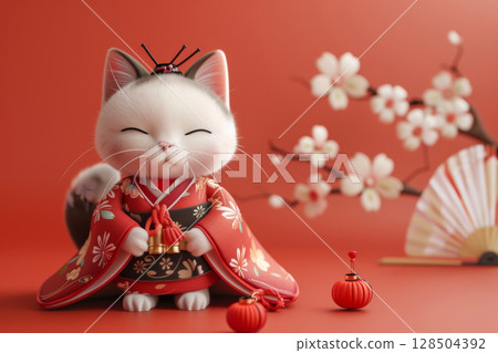 Cute and elegant cat geisha in 3D, simple backdrop with sakura cherry blossom in spring Cute and elegant cat geisha in 3D, simple backdrop with sakura cherry blossom in spring 128504392