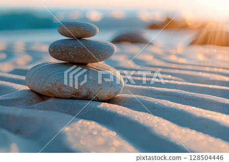 The art of Zen garden, close-up a serene Japanese garden, complemented by rocks 128504446
