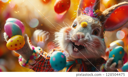Close-up of a cute Easter bunny in clown costume, expertly juggling Easter eggs 128504475