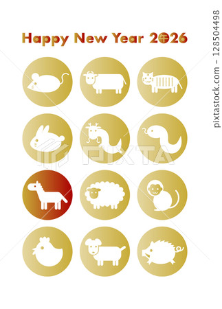 2026 年馬年新年賀卡插圖，包含 12 個生肖圖標 128504498
