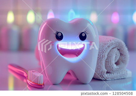 Super kawaii tooth, 3D cartoon happy character, simple cute design Super kawaii tooth, 3D cartoon happy character, simple cute design 128504508