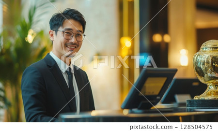 Friendly Hotel Receptionist Welcoming Guests 128504575