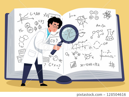 A scientist with a large magnifying glass studies formulas in a book 128504616
