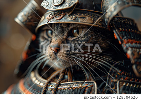 The stoic face of a cat samurai with detailed armor that tells tales of past glories, close up shot 128504620