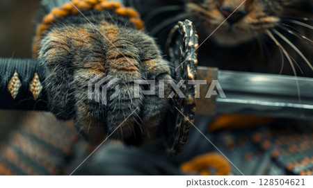The battle worn armor cat samurai, close up The battle worn armor cat samurai, close up 128504621