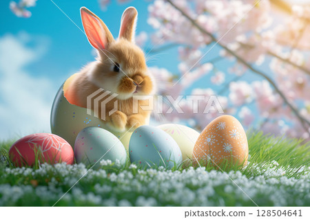 Easter bunny rabbit hatch from egg and colourful Easter eggs on green grass field in spring 128504641