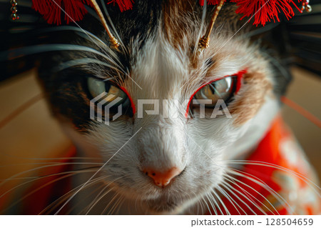 A cat dressed as a geisha, close-up shot, Japanese culture 128504659