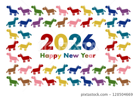2026年馬年彩色馬圖案新年賀卡插圖 2026年馬年彩色馬圖案新年賀卡插圖 128504669