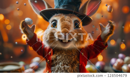 Magic of Easter, with a bunny magician and Easter eggs 128504679