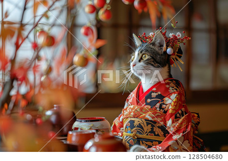 The artistic elegance of a cat dressed as a geisha, and tranquil beauty of a Japanese landscape 128504680
