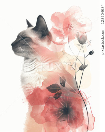 Cat figure designed with a flower pattern, watercolor style illustration 128504684