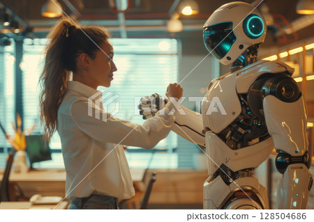 AI robot as an office worker, connecting with a human via fist bump, in a vibrant, technology-driven creative office environment 128504686