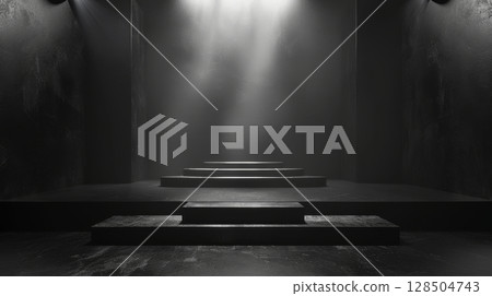 abstract dark blue background illuminated by soft studio light, with an empty stage at the forefront abstract dark blue background illuminated by soft studio light, with an empty stage at the forefront 128504743