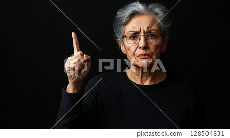senior woman with finger up disapproving expression 128504831