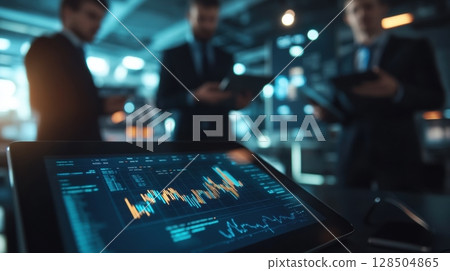 business professionals analyzing financial data on tablet 128504865