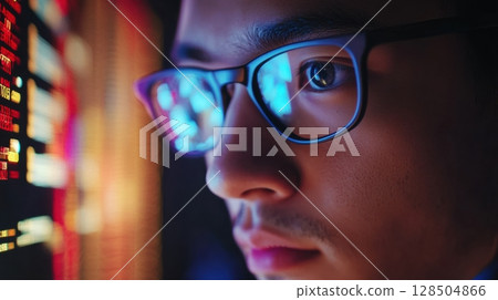man in glasses focused on computer screen with data 128504866