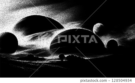 Alien planet landscape in retro dotwork style. Planets and satellites over unknown planet in space. Sci-fi world landscape beyond our galaxy. 128504934