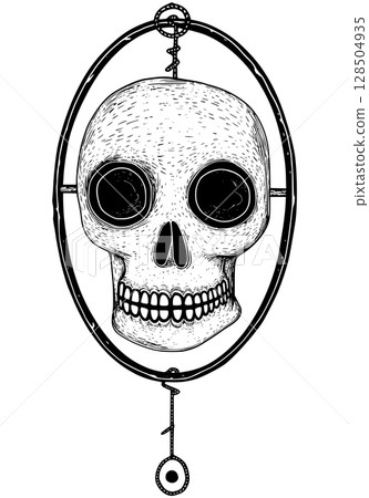 Skull framed within an oval rope ornament, intricate black and white vector illustration, featuring minimalist and surreal design elements. Generated AI 128504935