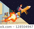 Student flying on a pencil rocket. Education concept. Flat design vector illustration. 128504947