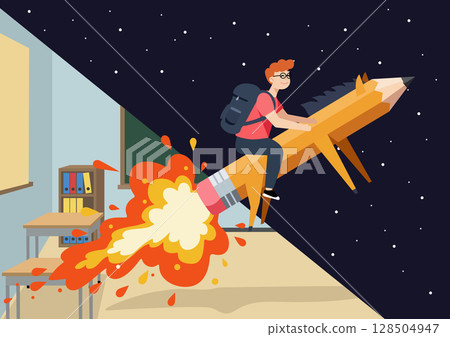 Student flying on a pencil rocket. Education concept. Flat design vector illustration. 128504947