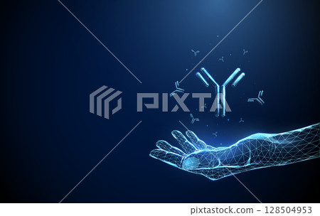 Abstract hand with flying antibodies. Immunotherapy, biomedicine, monoclonal antibody therapy, personalized medicine concept. 128504953